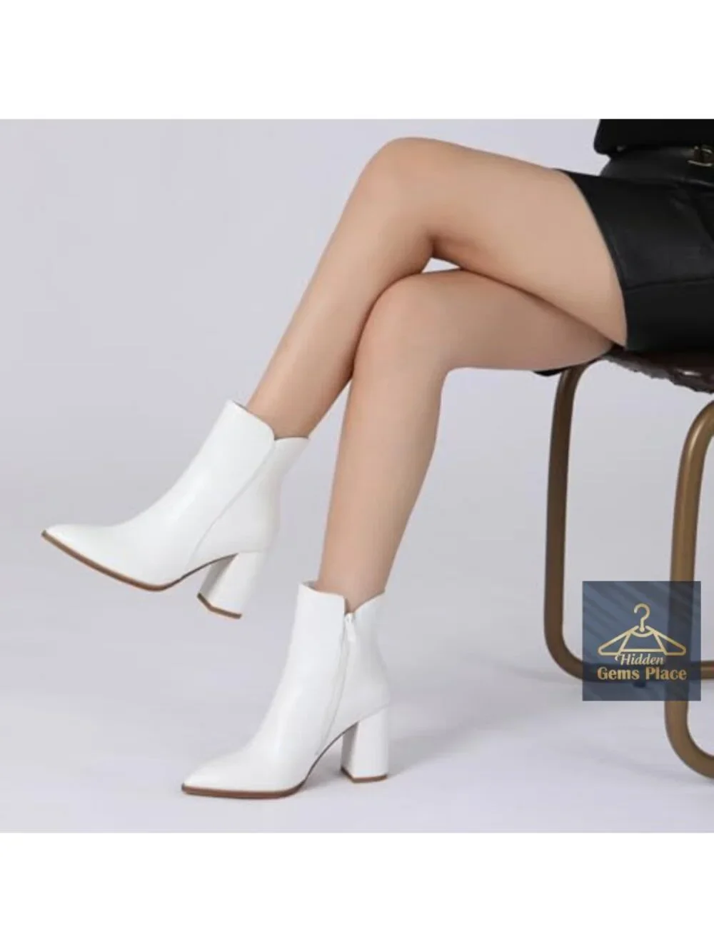 Chunky High Heel Pointed Toe Ankle Booties with Side Zipper